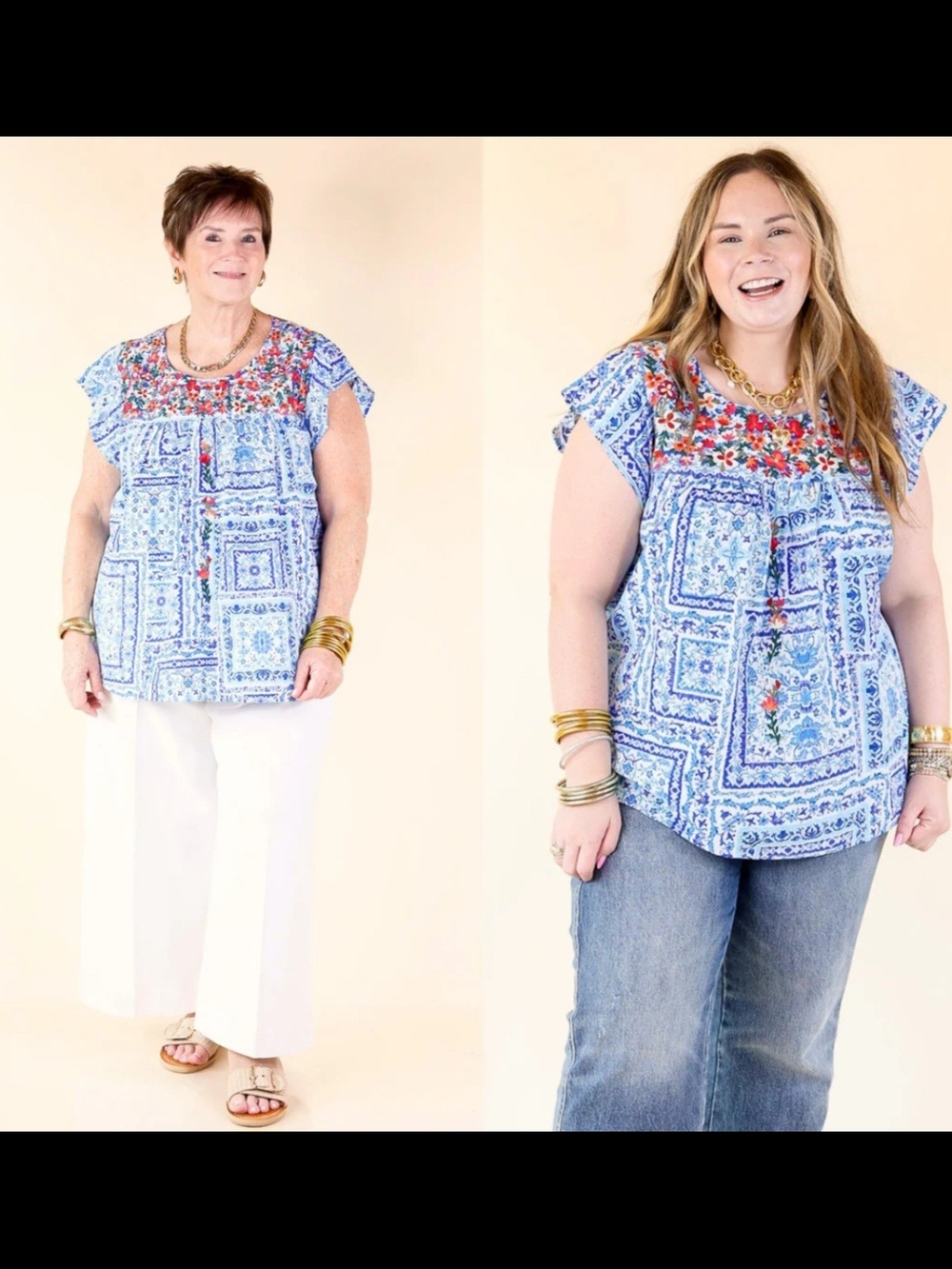 Savanna Jane Blue Floral Embroidered Short-Sleeve Tunic